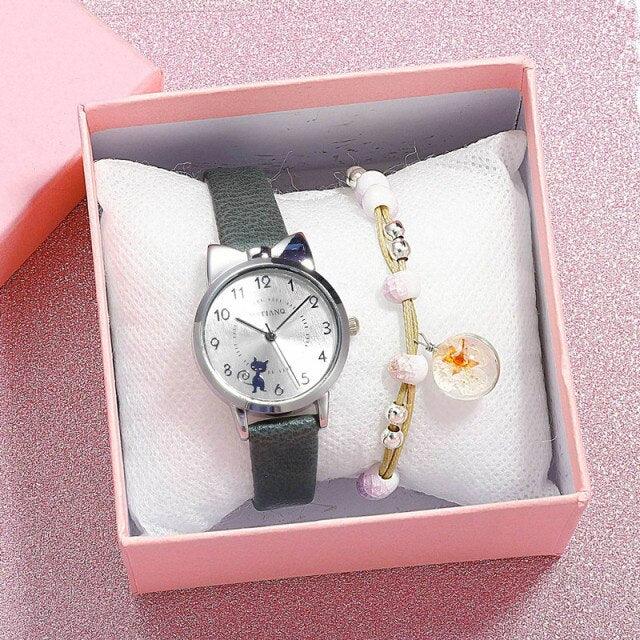 New Fashion Childrens Watch Analog Children Quartz Watch With Bracelet Set Little Cat Watch Kids Children Quartz Electronic Watch Unisex Wrist Leather Strap Watches Stevvex