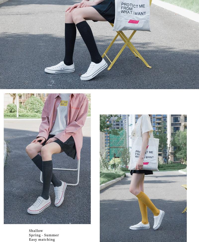 New Fashion Cotton Ladies Knee High Solid Color Socks Student Socks School Party Street Wear Dancing Socks High Quality Cotton Knee High Socks For Women Stevvex