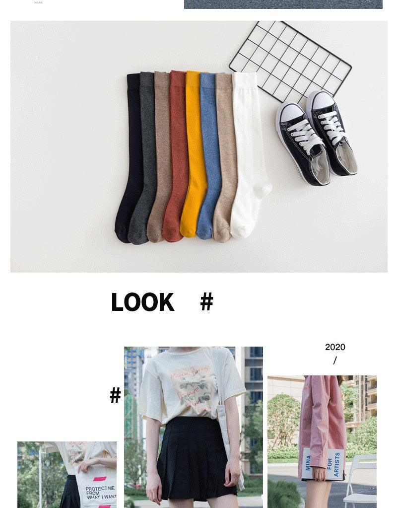 New Fashion Cotton Ladies Knee High Solid Color Socks Student Socks School Party Street Wear Dancing Socks High Quality Cotton Knee High Socks For Women Stevvex