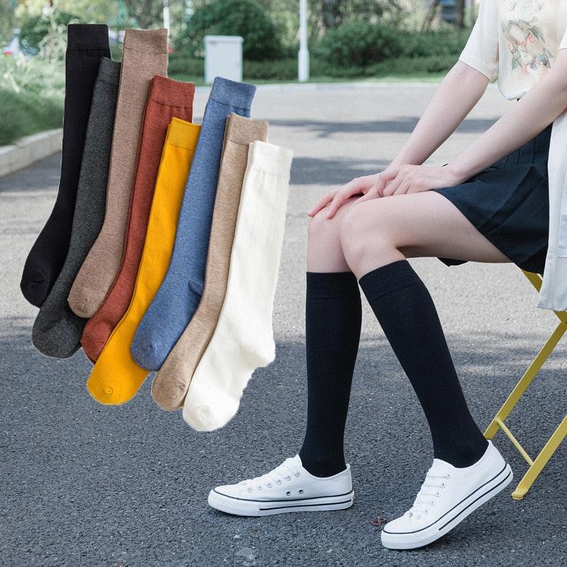 New Fashion Cotton Ladies Knee High Solid Color Socks Student Socks School Party Street Wear Dancing Socks High Quality Cotton Knee High Socks For Women Stevvex