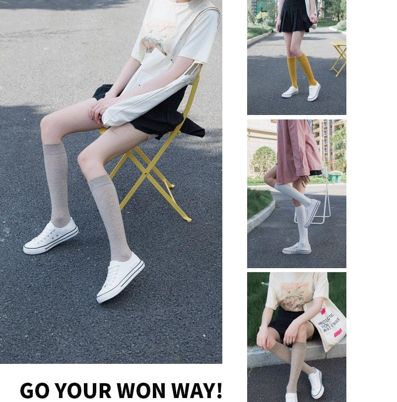 New Fashion Cotton Ladies Knee High Solid Color Socks Student Socks School Party Street Wear Dancing Socks High Quality Cotton Knee High Socks For Women Stevvex