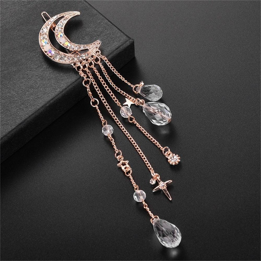 New Fashion Crystal Rhinestone Moon Tassel Hairpin Five-pointed Star Pendant Luxury Jewelry Crystal Side Clip Gorgeous Hair Accessories For Women Stevvex