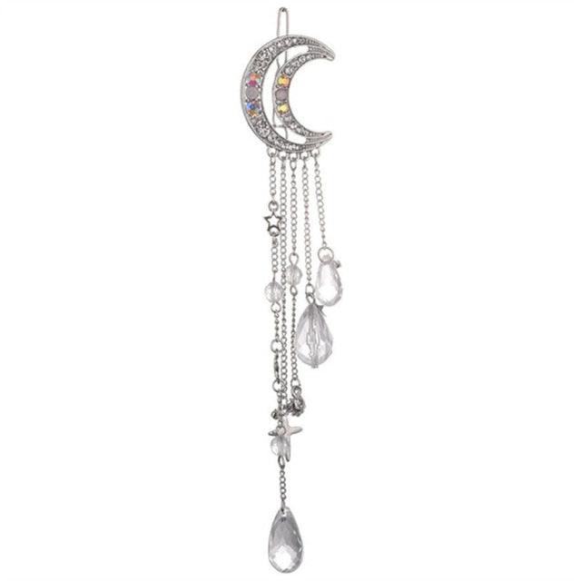 New Fashion Crystal Rhinestone Moon Tassel Hairpin Five-pointed Star Pendant Luxury Jewelry Crystal Side Clip Gorgeous Hair Accessories For Women Stevvex