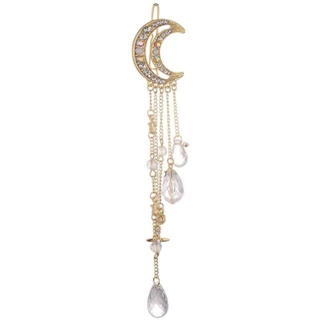 New Fashion Crystal Rhinestone Moon Tassel Hairpin Five-pointed Star Pendant Luxury Jewelry Crystal Side Clip Gorgeous Hair Accessories For Women Stevvex