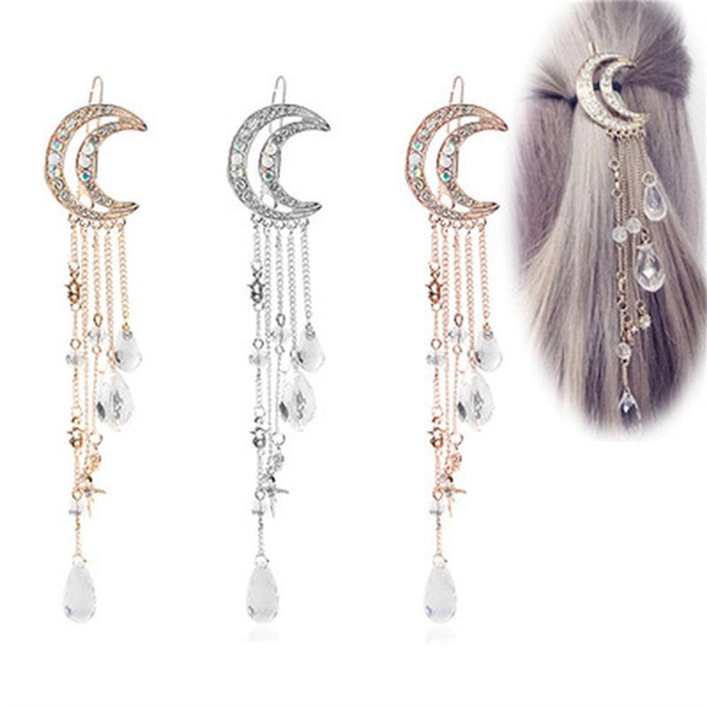 New Fashion Crystal Rhinestone Moon Tassel Hairpin Five-pointed Star Pendant Luxury Jewelry Crystal Side Clip Gorgeous Hair Accessories For Women Stevvex