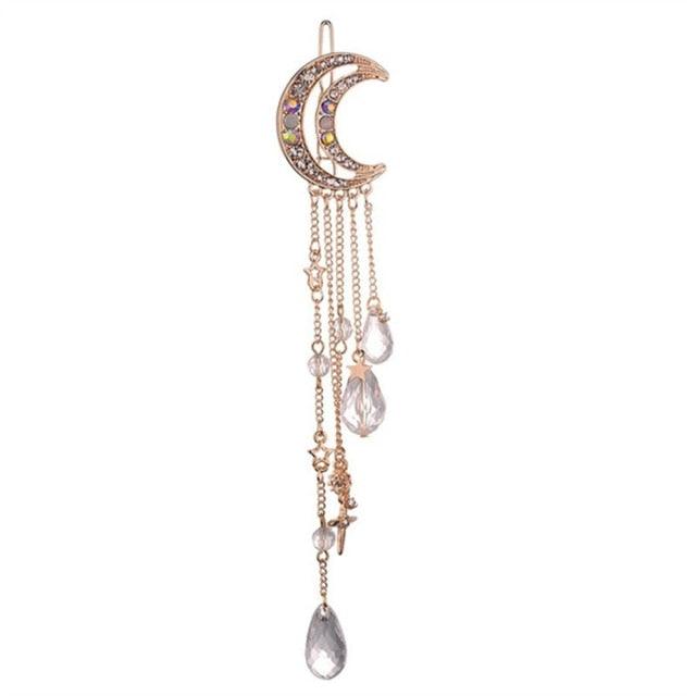New Fashion Crystal Rhinestone Moon Tassel Hairpin Five-pointed Star Pendant Luxury Jewelry Crystal Side Clip Gorgeous Hair Accessories For Women Stevvex