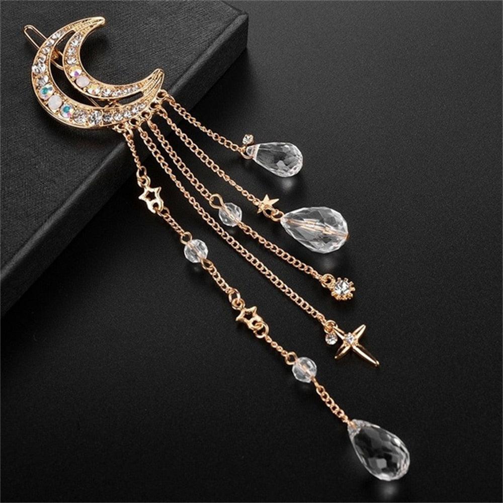 New Fashion Crystal Rhinestone Moon Tassel Hairpin Five-pointed Star Pendant Luxury Jewelry Crystal Side Clip Gorgeous Hair Accessories For Women Stevvex