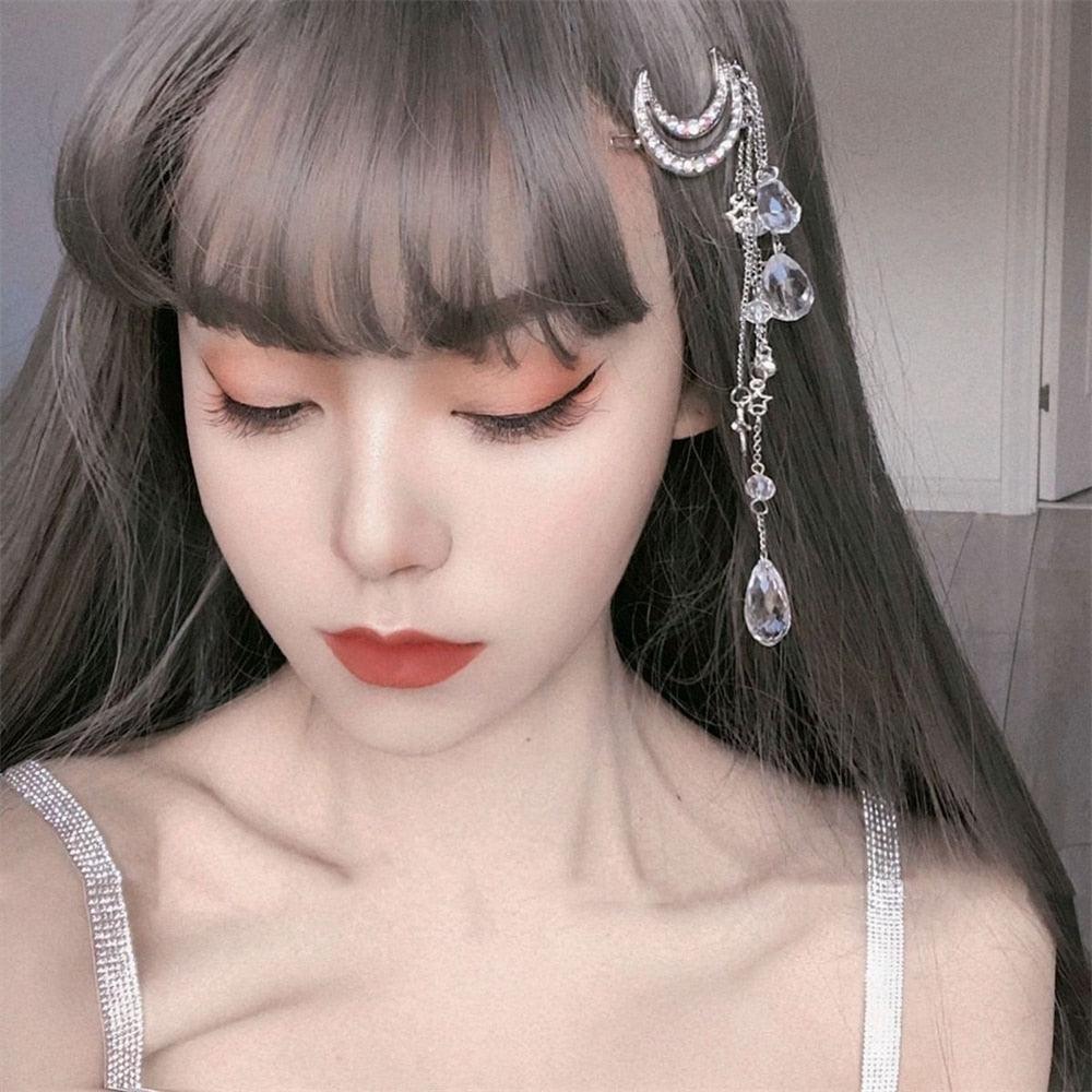 New Fashion Crystal Rhinestone Moon Tassel Hairpin Five-pointed Star Pendant Luxury Jewelry Crystal Side Clip Gorgeous Hair Accessories For Women Stevvex