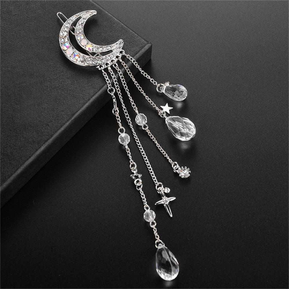 New Fashion Crystal Rhinestone Moon Tassel Hairpin Five-pointed Star Pendant Luxury Jewelry Crystal Side Clip Gorgeous Hair Accessories For Women Stevvex