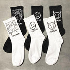 New Fashion Kawaii Cute Smilies Patterned Socks Pure Cotton Cartoon Pattern Hip Hop Style Breathable Mid Tube Socks Skateboard Socks Soft Long Sock for Men And Women Stevvex