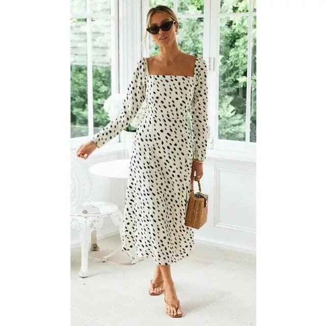 New Fashion Leopard Print Dot long sleeve Slit Luxury Dress - Summer Casual Party Wear Dresses For Women Stevvex