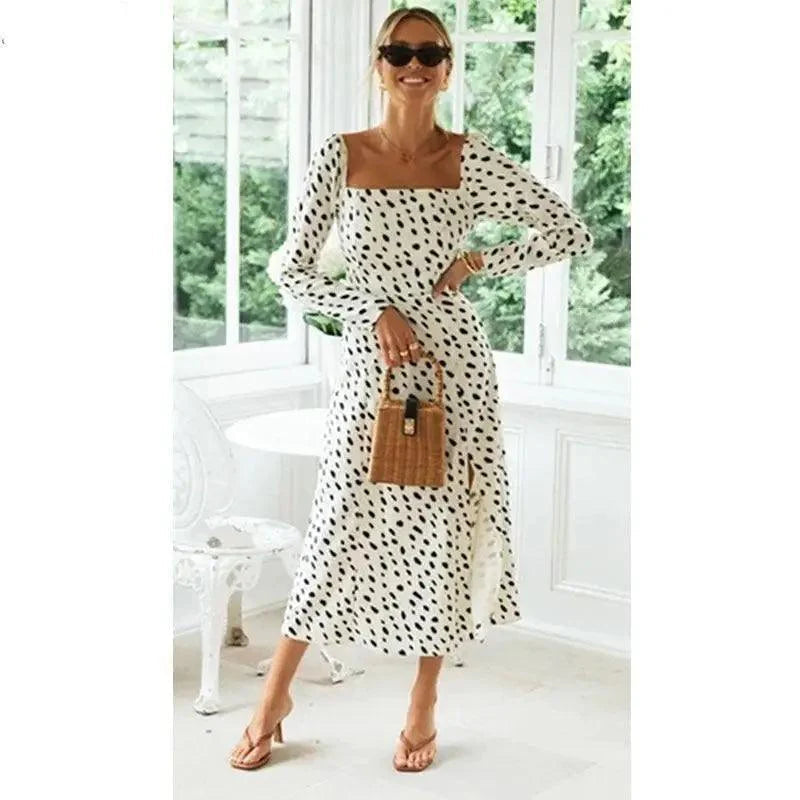 New Fashion Leopard Print Dot long sleeve Slit Luxury Dress - Summer Casual Party Wear Dresses For Women Stevvex