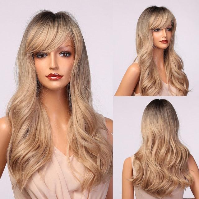 New Fashion Long Wavy Ombre Brown Highlight Wigs with Bangs Synthetic Natural Wig for Women Heat Resistant Cosplay Hair Wigs For Black Women Wigs For Cosplay Stevvex