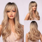 New Fashion Long Wavy Ombre Brown Highlight Wigs with Bangs Synthetic Natural Wig for Women Heat Resistant Cosplay Hair Wigs For Black Women Wigs For Cosplay Stevvex