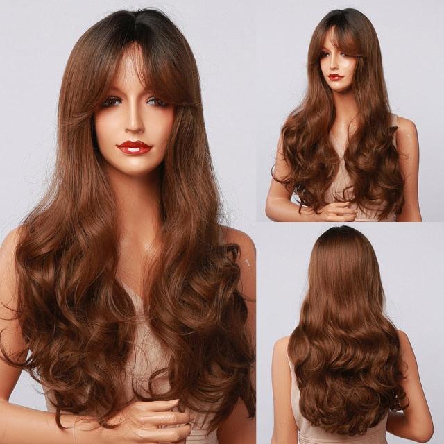 New Fashion Long Wavy Ombre Brown Highlight Wigs with Bangs Synthetic Natural Wig for Women Heat Resistant Cosplay Hair Wigs For Black Women Wigs For Cosplay Stevvex