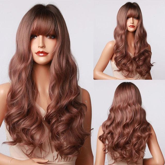 New Fashion Long Wavy Ombre Brown Highlight Wigs with Bangs Synthetic Natural Wig for Women Heat Resistant Cosplay Hair Wigs For Black Women Wigs For Cosplay Stevvex