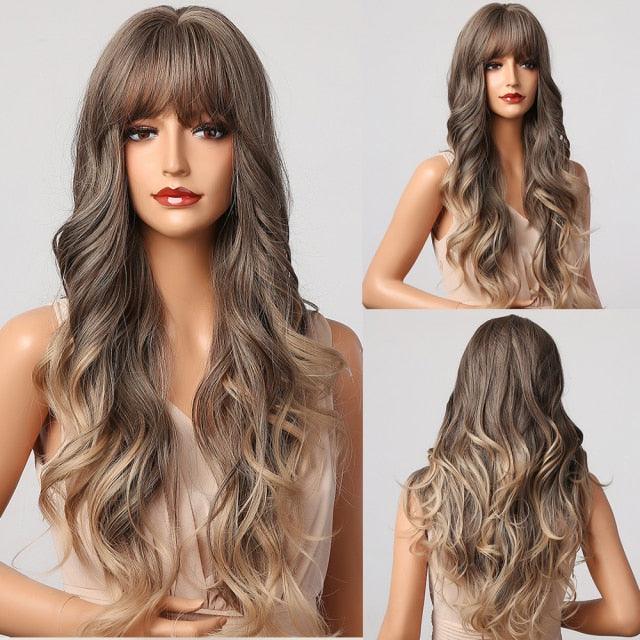 New Fashion Long Wavy Ombre Brown Highlight Wigs with Bangs Synthetic Natural Wig for Women Heat Resistant Cosplay Hair Wigs For Black Women Wigs For Cosplay Stevvex