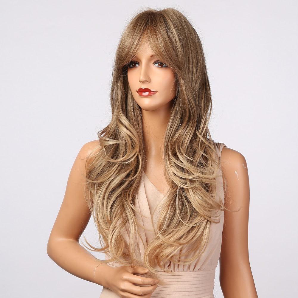 New Fashion Long Wavy Ombre Brown Highlight Wigs with Bangs Synthetic Natural Wig for Women Heat Resistant Cosplay Hair Wigs For Black Women Wigs For Cosplay Stevvex