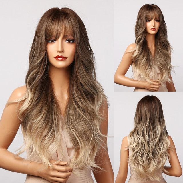 New Fashion Long Wavy Ombre Brown Highlight Wigs with Bangs Synthetic Natural Wig for Women Heat Resistant Cosplay Hair Wigs For Black Women Wigs For Cosplay Stevvex