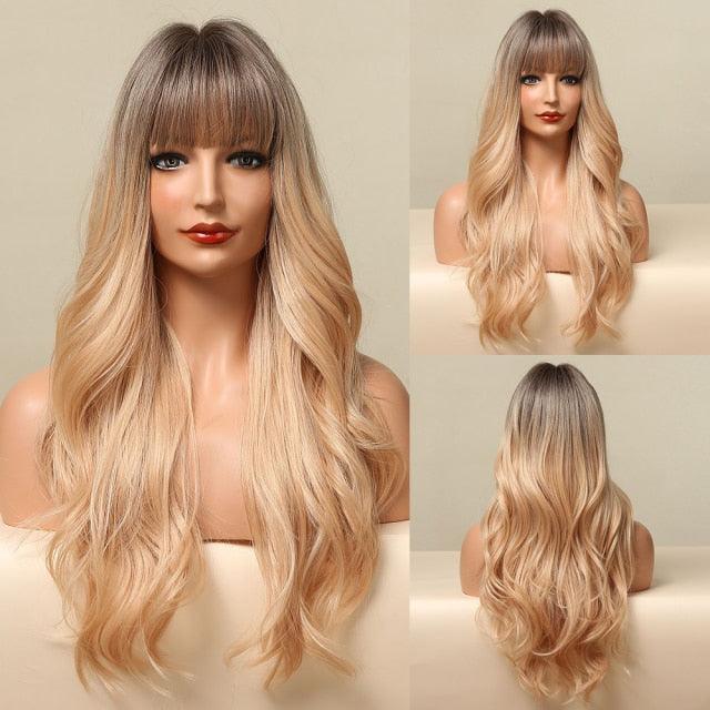 New Fashion Long Wavy Ombre Brown Highlight Wigs with Bangs Synthetic Natural Wig for Women Heat Resistant Cosplay Hair Wigs For Black Women Wigs For Cosplay Stevvex