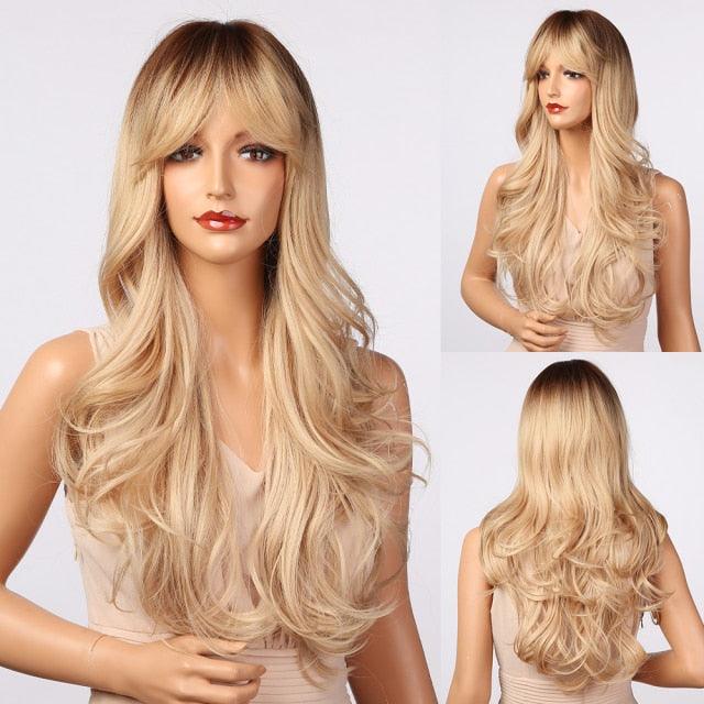 New Fashion Long Wavy Ombre Brown Highlight Wigs with Bangs Synthetic Natural Wig for Women Heat Resistant Cosplay Hair Wigs For Black Women Wigs For Cosplay Stevvex