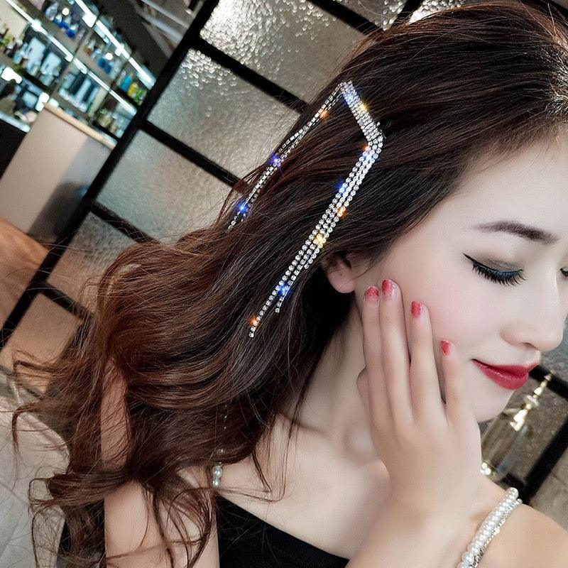 New Fashion Rhinestone Tassel Hair Barrettes For Women Hair Clips Golden Sliver Hairpin Female Hairgrips Wedding Hair Accessories for Brides and Bridesmaids Stevvex