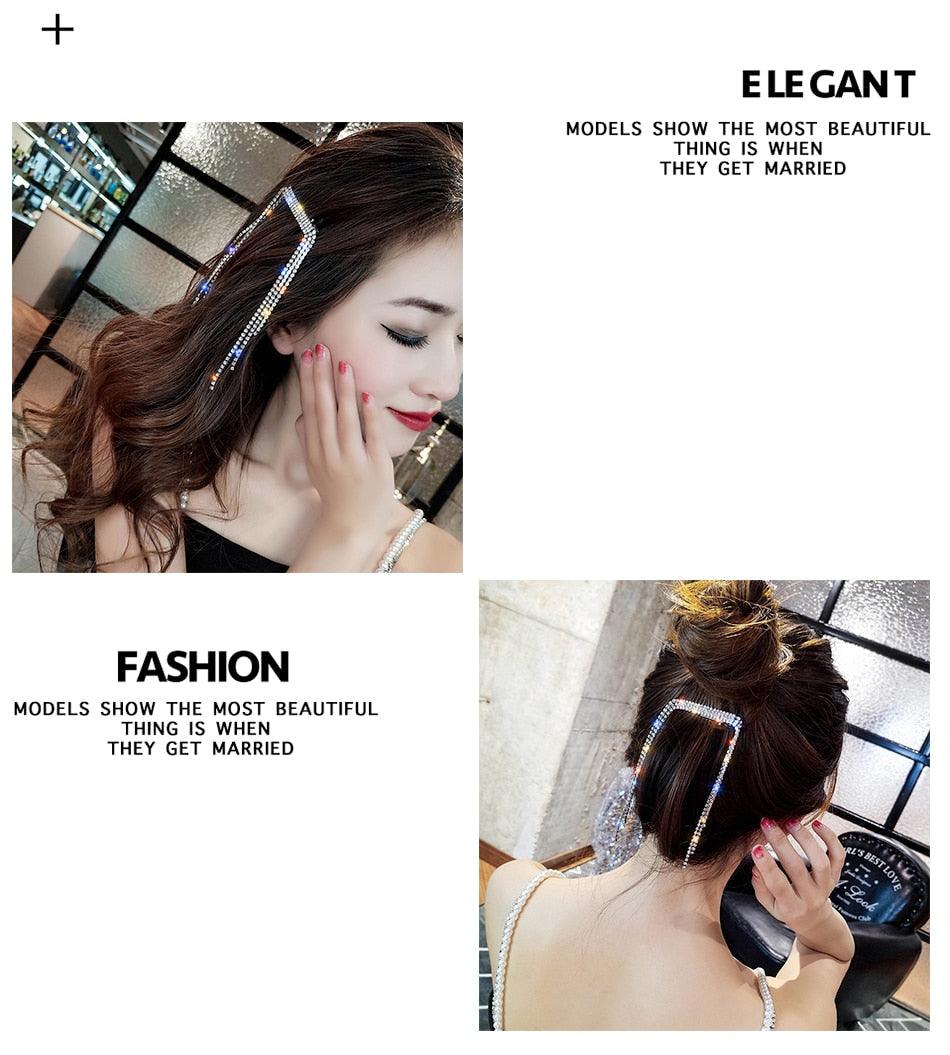 New Fashion Rhinestone Tassel Hair Barrettes For Women Hair Clips Golden Sliver Hairpin Female Hairgrips Wedding Hair Accessories for Brides and Bridesmaids Stevvex