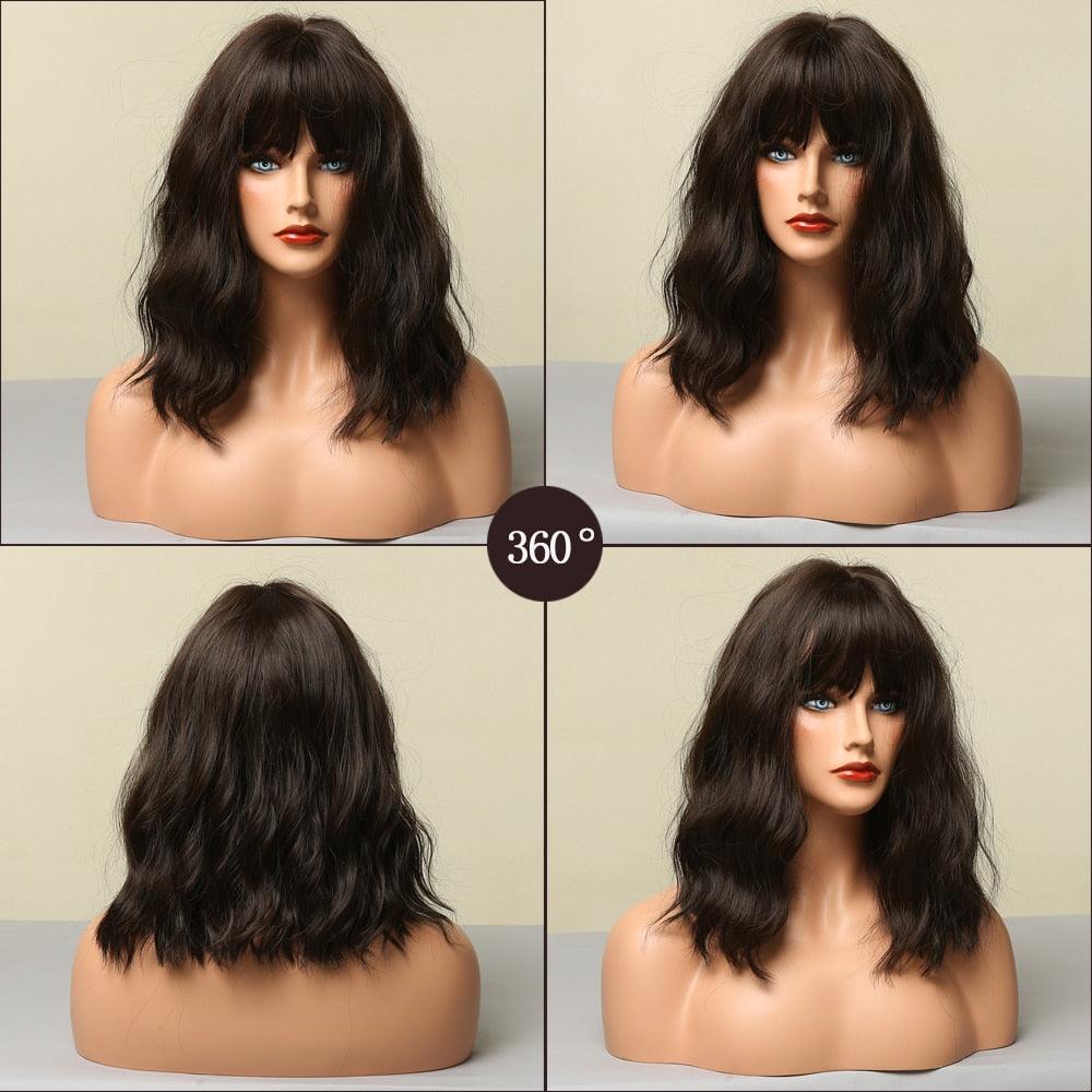 New Fashion Short Bob Water Wave Synthetic Wigs for Women Natural Cosplay Fake Hair Shoulder Length Women's Brown Wig with Bangs Wigs For Black Women Stevvex