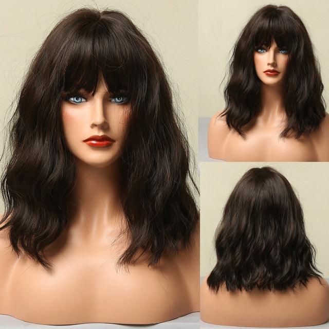 New Fashion Short Bob Water Wave Synthetic Wigs for Women Natural Cosplay Fake Hair Shoulder Length Women's Brown Wig with Bangs Wigs For Black Women Stevvex