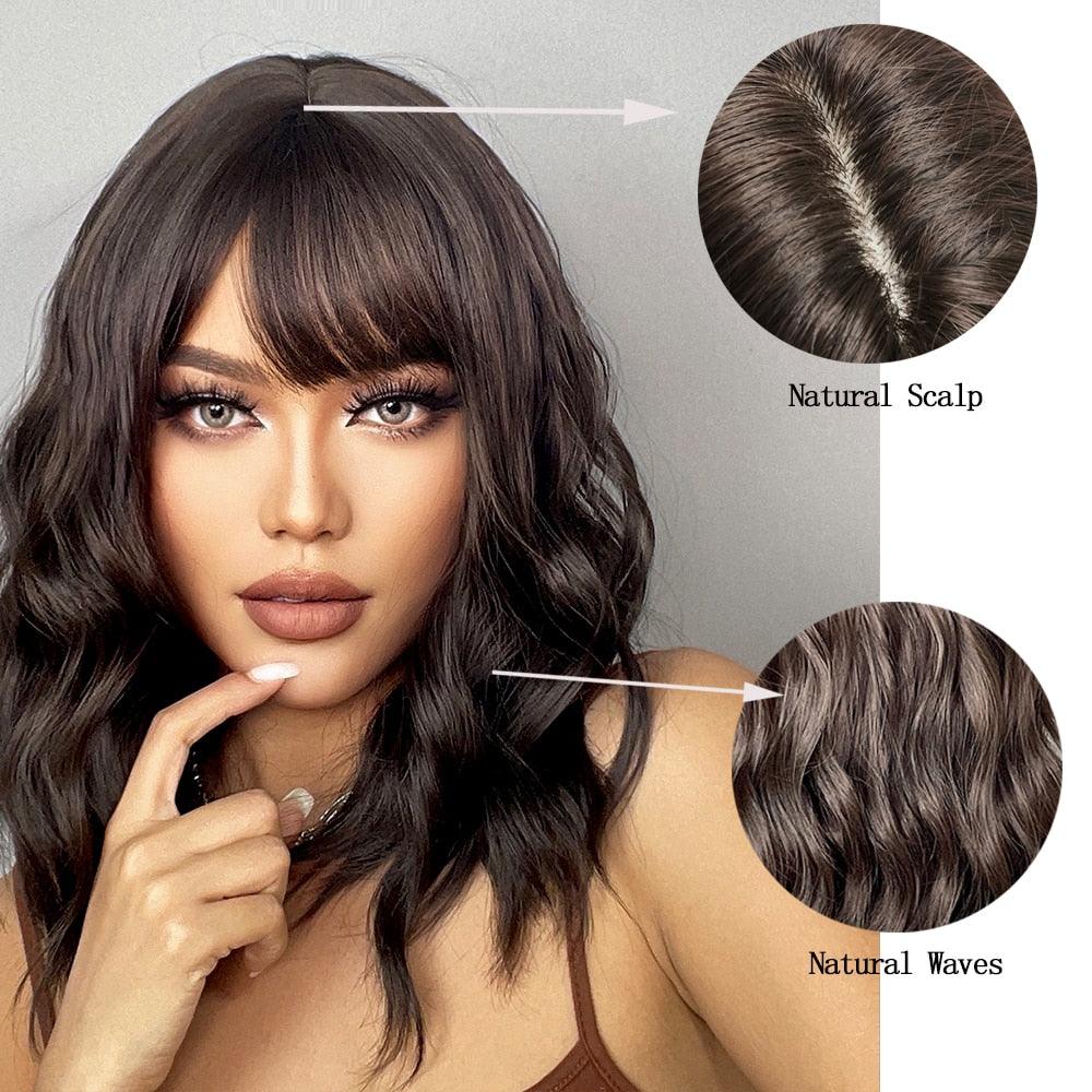 New Fashion Short Bob Water Wave Synthetic Wigs for Women Natural Cosplay Fake Hair Shoulder Length Women's Brown Wig with Bangs Wigs For Black Women Stevvex