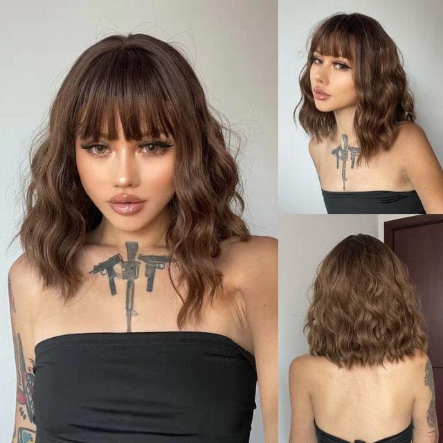 New Fashion Short Bob Water Wave Synthetic Wigs for Women Natural Cosplay Fake Hair Shoulder Length Women's Brown Wig with Bangs Wigs For Black Women Stevvex