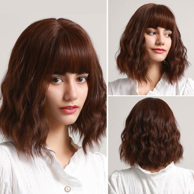 New Fashion Short Bob Water Wave Synthetic Wigs for Women Natural Cosplay Fake Hair Shoulder Length Women's Brown Wig with Bangs Wigs For Black Women Stevvex