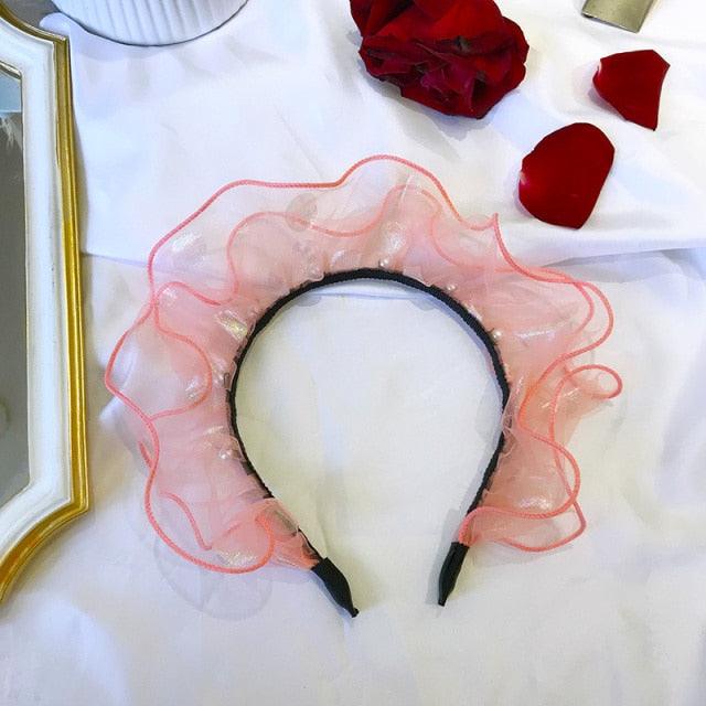 New Fashion Solid Color Gauze Pearl Bohemia Hairband Hairpin Headwear Girls Woman Oversized Headband Bezel Gorgeous Hair Accessories For Women