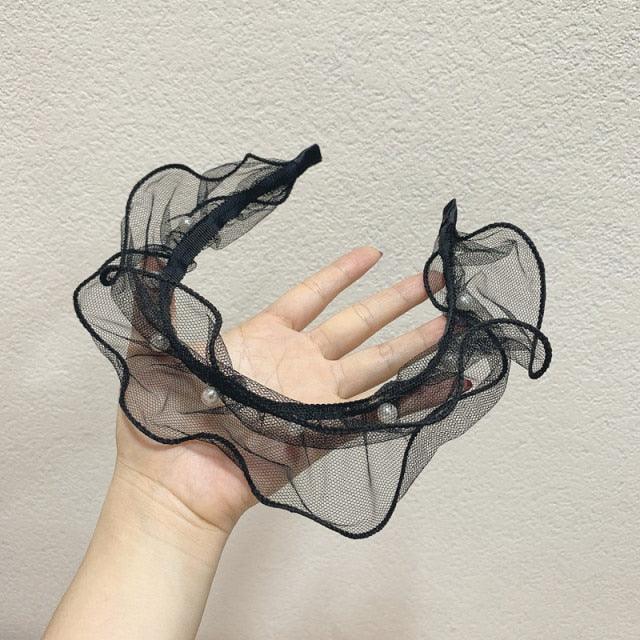 New Fashion Solid Color Gauze Pearl Bohemia Hairband Hairpin Headwear Girls Woman Oversized Headband Bezel Gorgeous Hair Accessories For Women