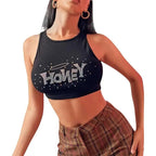 New Fashion styles cute Rhinestone sleeveless Crop Tank Top Streetwear cute tops for summer