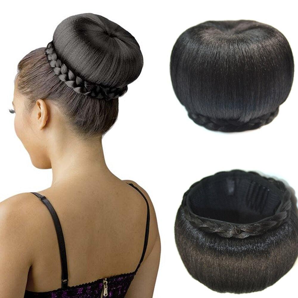 New Fashion Synthetic Fake Hair Bun And Bang Heat Resistant Braided Chignon Hair Piece Donut Ponytail Wig For Women Clip in Hair Extension For Volumized Hair Buns For Girls Stevvex