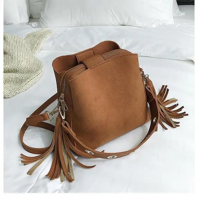 New Fashionable Scrub Women Bucket Bag Vintage Tassel Messenger Bag High Quality Shoulder Bag Simple Crossbody Bag For Females Stevvex