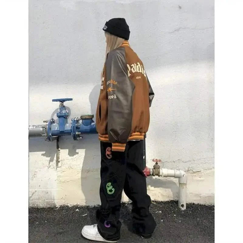 New Free Style Woman Jacket Hip Hop Furry Bone Patchwork Color Block Jackets Mens Streetwear Men Baseball Coats Unisex Stevvex