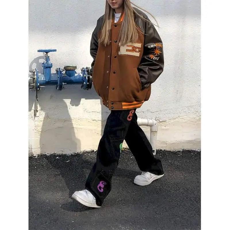 New Free Style Woman Jacket Hip Hop Furry Bone Patchwork Color Block Jackets Mens Streetwear Men Baseball Coats Unisex Stevvex