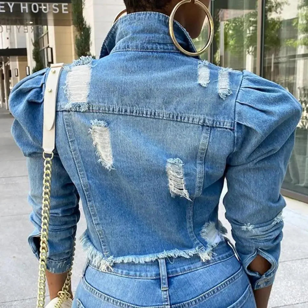 New Incredible Spring Women Sexy Ripped Denim Jackets Vintage Casual Short Jean Jacket Puff Sleeve Winter Female Coat Streetwear Stevvex