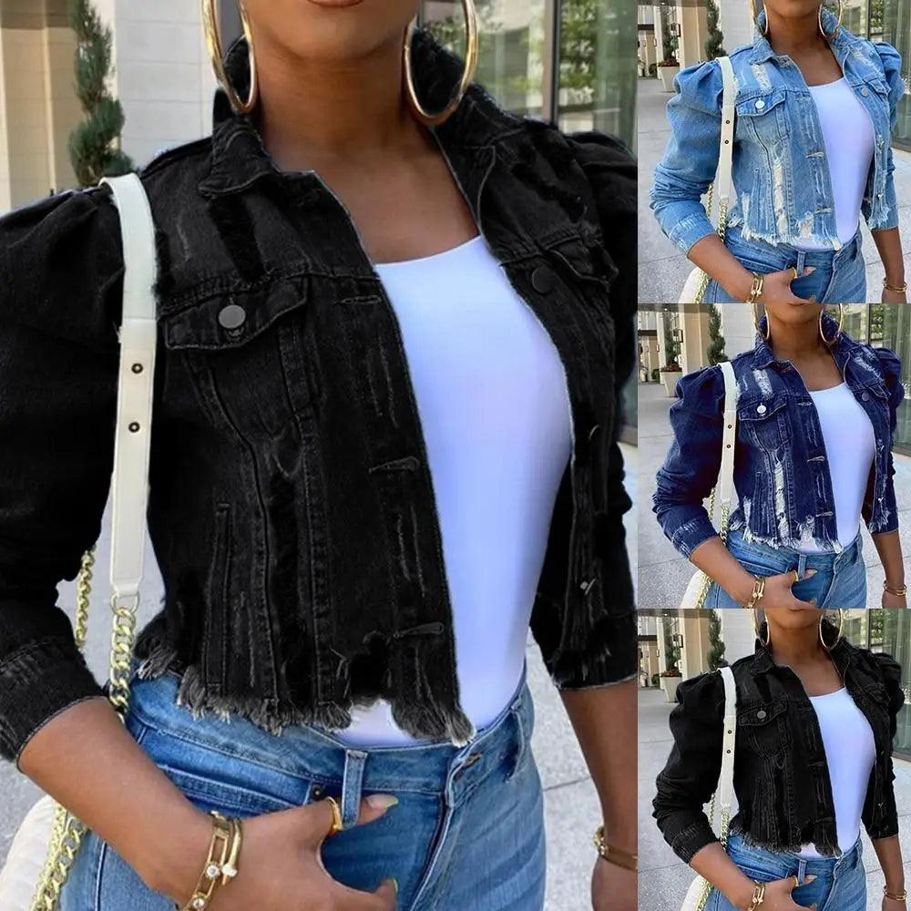 New Incredible Spring Women Sexy Ripped Denim Jackets Vintage Casual Short Jean Jacket Puff Sleeve Winter Female Coat Streetwear Stevvex