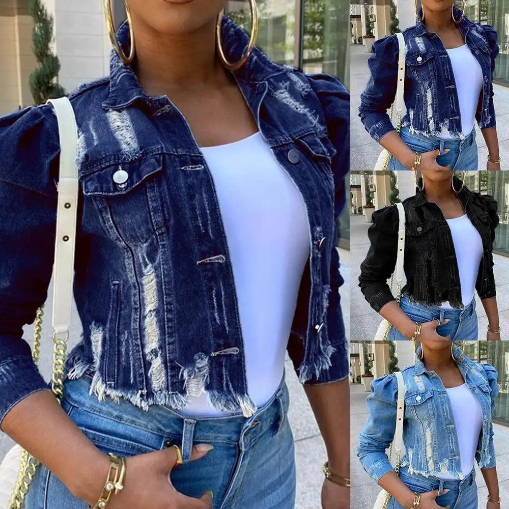 New Incredible Spring Women Sexy Ripped Denim Jackets Vintage Casual Short Jean Jacket Puff Sleeve Winter Female Coat Streetwear Stevvex