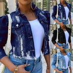 New Incredible Spring Women Sexy Ripped Denim Jackets Vintage Casual Short Jean Jacket Puff Sleeve Winter Female Coat Streetwear Stevvex