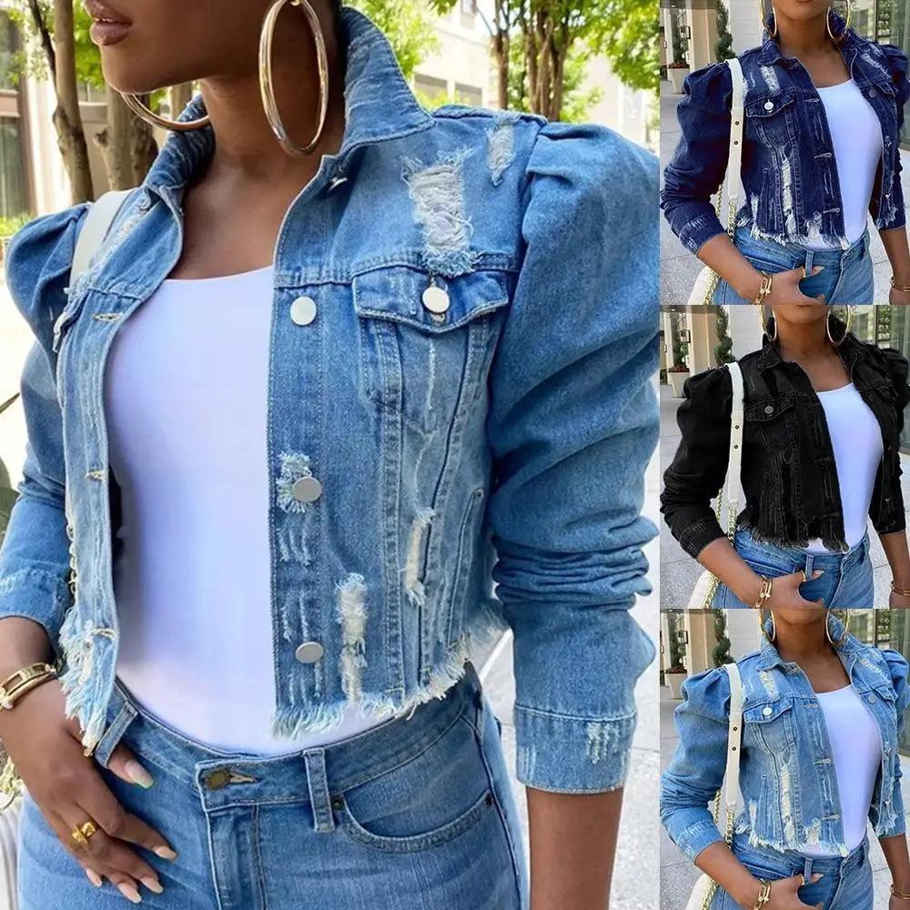 New Incredible Spring Women Sexy Ripped Denim Jackets Vintage Casual Short Jean Jacket Puff Sleeve Winter Female Coat Streetwear Stevvex