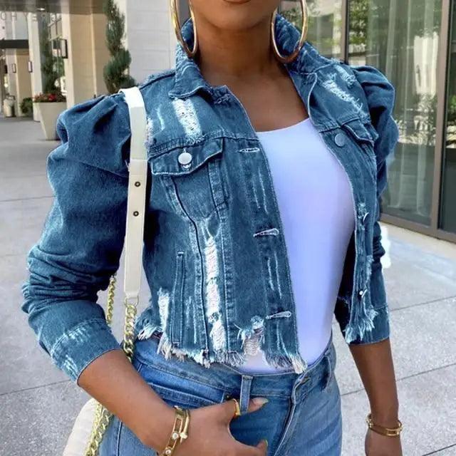 New Incredible Spring Women Sexy Ripped Denim Jackets Vintage Casual Short Jean Jacket Puff Sleeve Winter Female Coat Streetwear Stevvex