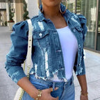 New Incredible Spring Women Sexy Ripped Denim Jackets Vintage Casual Short Jean Jacket Puff Sleeve Winter Female Coat Streetwear Stevvex