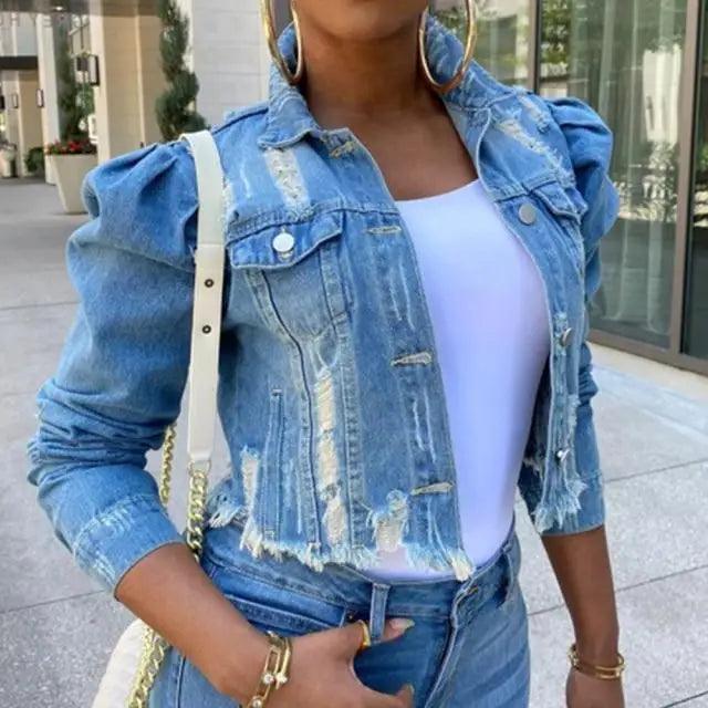 New Incredible Spring Women Sexy Ripped Denim Jackets Vintage Casual Short Jean Jacket Puff Sleeve Winter Female Coat Streetwear Stevvex