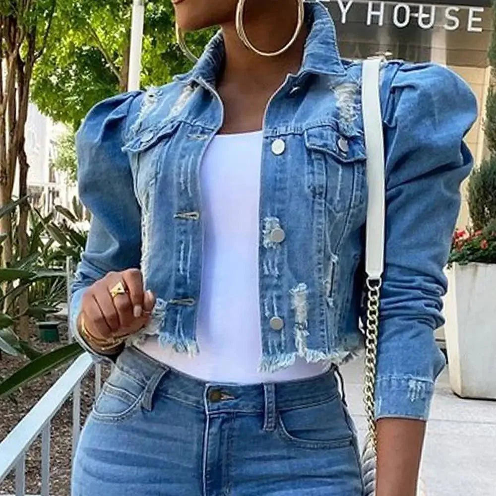 New Incredible Spring Women Sexy Ripped Denim Jackets Vintage Casual Short Jean Jacket Puff Sleeve Winter Female Coat Streetwear Stevvex