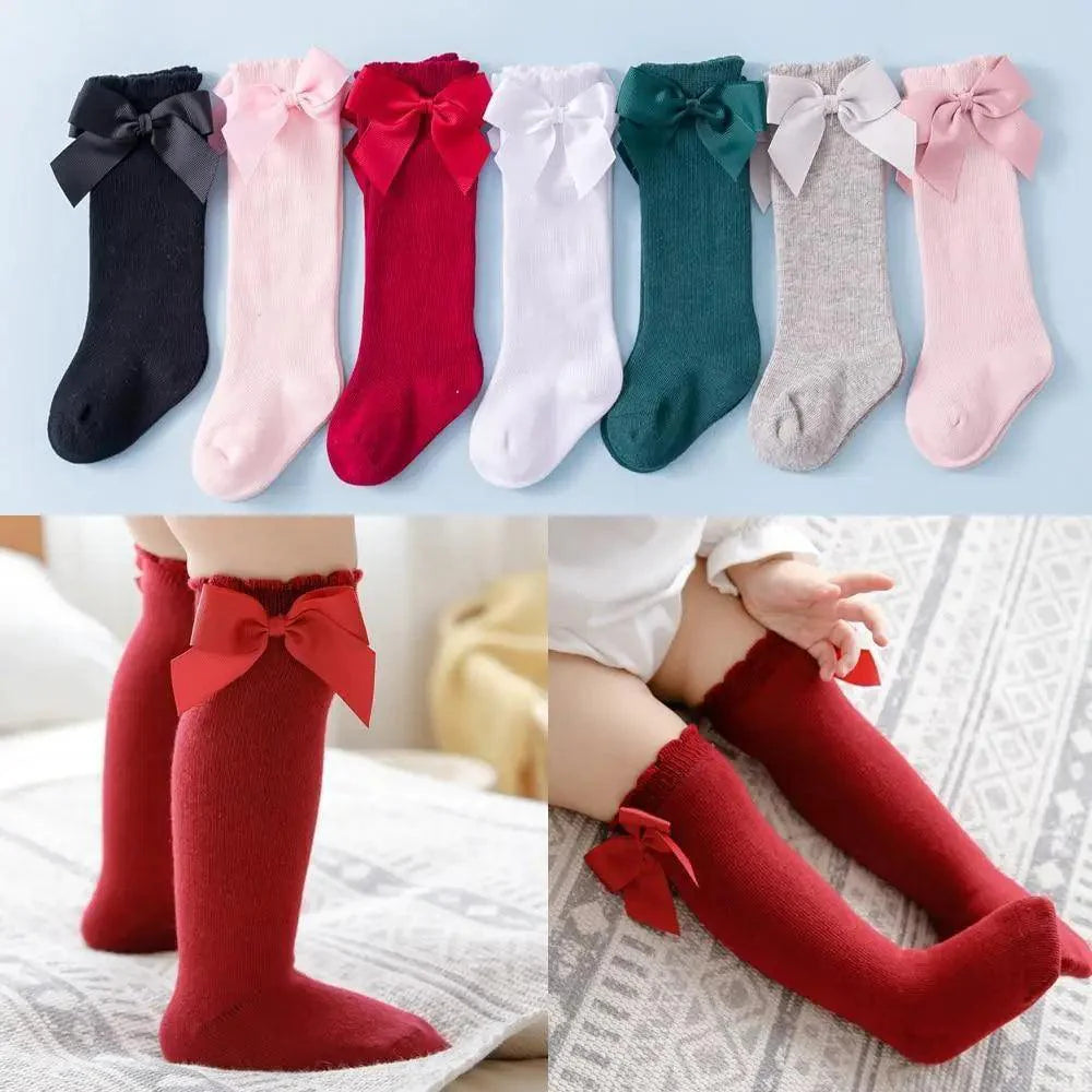 New Kids Socks Toddlers Girls Big Bow Knee High Quality Long Soft Autumn Winter 100% Cotton Lace Baby Tube Sock Baby Cotton Knee Socks Warm Big Bow Knot Baby Stockings Stylish Leg Warmer Soft Dance Socks Stevvex