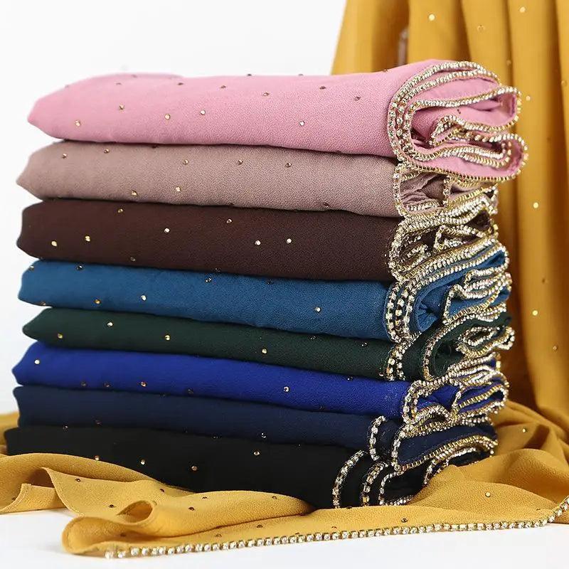 New Luxurious Gold Chiffon Head Scarf Solid Soft Long Muslim Scarves For Women Hijab Musulman Female Shawl and Wrap Stevvex